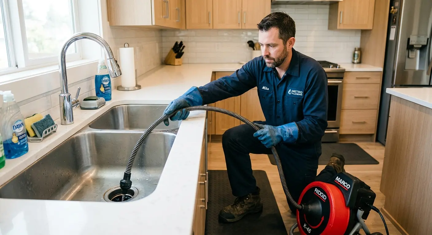 Drain cleaning technician using a motorized snake on a kitchen sink in Blackfoot