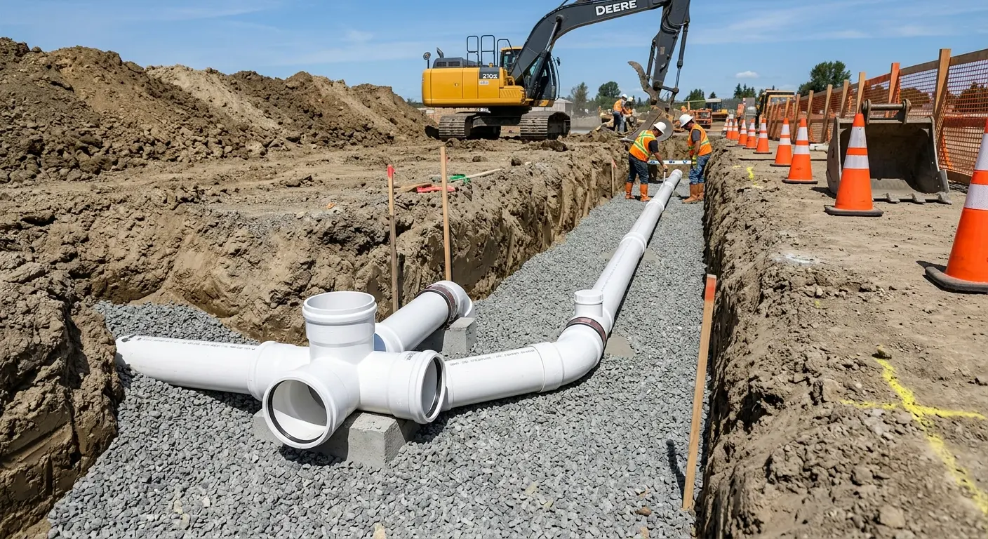 New PVC sewer pipe installation in open trench for Sewer Backup in Blackfoot