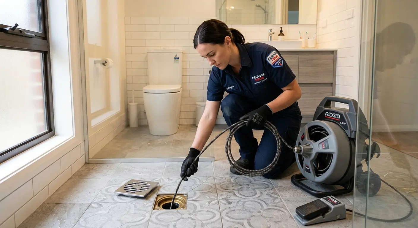 Technician clearing a bathroom floor drain for Clogged Drain Repair in Blackfoot